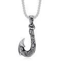 Vintage stainless steel fish hook pendant with tribal engravings on a box chain - Steel Antiqued (Pendant Only (Without Chain))