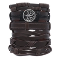 Men's retro layered leather bracelet set with a vintage silver Tree of Life metal charm - Dark Brown Tree Of Life Plate Style