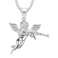 Collier hip hop en titane doré avec pendentif ange et ailes serties de cristaux - Pendentif argenté uniquement