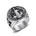 Bague chevalière Saint-Benoît vintage en acier titane plaqué or pour hommes - US 7 / Acier avec Lavage Noir