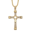 Gold stainless steel cross necklace for men featuring rotating center and sparkling crystals - Gold Single Pendant (Stone-Set Clasp)