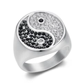 Vintage stainless steel ring with black and white zircon pavé Yin Yang Tai Chi symbol - US 7 / Silver