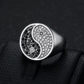 Vintage roestvrijstalen Tai Chi-ring met zwart-witte kristallen inleg voor mannen - US7 / Zilver