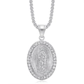 Ciondolo ovale della Vergine Maria con scintillanti cristalli di zirconia in argento - Ciondolo Solo con Bordo in Strass Argento (Senza Catena)
