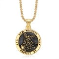 St. Michael Archangel gold plated stainless steel coin pendant necklace for men - Pendant Only (Without Chain) (Gold)