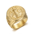 Bague chevalière Saint-Benoît en acier inoxydable doré avec relief religieux détaillé - US 7 / Or