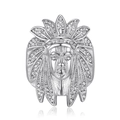 Hip hop silver plated Indian chief ring with sparkling stones for men, front view - Steel