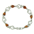Elegante pulsera plateada con piedras ámbar en forma de pera y detalles de corazones - Plata (Gema de Pera Naranja)