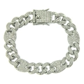 Silver Cuban link bracelet with full iced-out cubic zirconia and pig nose buckle clasp - Silver