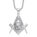 Collana hip hop con pendente massonico a testa di leone argento e strass brillanti - Ciondolo Singolo Color Argento / Color Acciaio