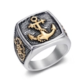 Anello vintage da uomo in acciaio inossidabile con ancora e bussola dorata - US 8 / Oro e Argento