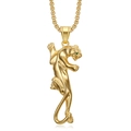 Detailed close-up of a gold-plated leopard head pendant with sparkling green gemstone eyes - Gold Smooth Single Pendant