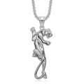 Macro detail of silver leopard pendant with green gemstone eyes and round link chain - Steel Color Smooth Single Pendant