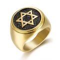 Men's titanium steel gold-plated Star of David ring with black matte round face and brushed finish - US 7 / Gold