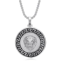 Collana con ciondolo testa di leone argentata, motivo greco e catena a scatola - Ciondolo Singolo Color Argento