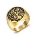 Vintage golden 316 stainless steel Tree of Life signet ring with embossed leaf pattern - US 7 / Gold
