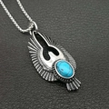 Vintage 316L stainless steel eagle pendant with turquoise inlay on black leather - Steel Color Pendant Only (Without Chain)