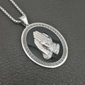 Collana con pendente ovale mani in preghiera vintage in acciaio inox con strass - Ciondolo Singolo Color Argento