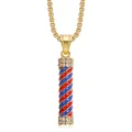 Close-up of a rotating barber pole pendant with red blue white stripes and crystal studs - Gold Pendant Only