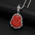 Collana Buddha in acciaio argento con pietra calcedonia rossa e cristalli - Rosso