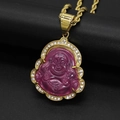 Detailed close-up of rose red Buddha pendant with gold-plated frame and zircons - Fuschia