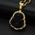 Macro shot of 316 stainless steel Laughing Buddha pendant with black stone and crystals - Black