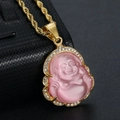 Pendentif Bouddha Maitreya en œil de chat rose avec cristaux brillants et chaîne dorée - Rose Pendentif Seul (Sans Chaîne)