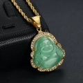 Ciondolo Buddha sorridente dorato con pietra verde e cristalli su catena a maglia - Verde Menta