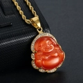 Collier Bouddha rieur avec pierre œil-de-chat rouge et cadre doré serti de strass - Rouge Pendentif Seul (Sans Chaîne)