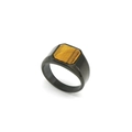 Close-up of a men's black stainless steel signet ring with a rectangular tiger eye stone - US 7 / Tiger's Eye
