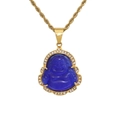 Blue opal Laughing Buddha pendant with crystal halo on golden rope chain necklace - Blue