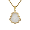 Golden Laughing Buddha pendant with white opal inlay and diamond-set border on twist chain - White