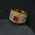 Gold stainless steel men's ring with red square gemstone and pave set diamonds - Gold + Red Stone