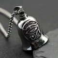 Vintage stainless steel Eye of Horus bell pendant necklace on black stone background - Vintage Steel Pendant