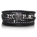 Bracelet multicouche en cuir noir avec breloque soleil argentée et perles mates - Style Punk de Tournesol Géométrique / Noir