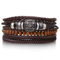 Bracelet multicouche homme en cuir marron avec breloque soleil ethnique et perles - Style Bohémien à Texture Solaire / Marron