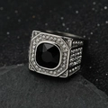 Vintage 316L stainless steel men's ring with large square black gemstone and white diamonds - Steel + Black Stone