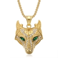 Gold Viking wolf head necklace with sparkling crystals and green gem eyes for men - Gold Pendant Only (Without Chain)