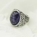 Retro Viking rune ring with engraved baroque patterns and a large oval purple gemstone - Steel Band + Purple Stone
