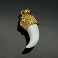 Hip hop lion head pendant with white resin fang charm and polished gold finish - Gold White Tooth (No Chain)