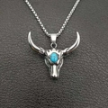 Punk vintage titanium steel bull head necklace with turquoise inlay on grey leather - Silver Color Single Pendant / Steel
