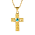 Gold plated stainless steel cross pendant necklace with blue evil eye and zircons - Gold Pendant Only