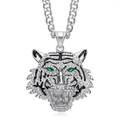 Hip hop silver plated tiger head bottle opener necklace with dazzling crystal stones - Steel + Green Eyes (No Chain)