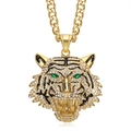 Gold-plated tiger head pendant necklace with zircon crystals and black enamel details - Gold + Green Eyes (No Chain)