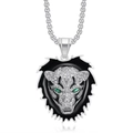 Hip hop silver leopard head pendant necklace with rhinestones and green gem eyes - Silver Color Single Pendant