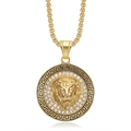 Gold plated lion head pendant necklace with rhinestones and Greek key border motif - Gold Pendant Only (Without Chain)