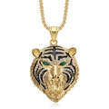 Collana hip hop con testa di tigre dorata con occhi in cristallo verde e zirconi - Pendente dorato con occhi verdi