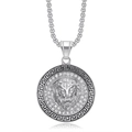 Silver plated lion head medallion necklace with pave rhinestones and Greek key border - Steel Color Pendant Only (Without Chain)