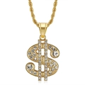 Hip hop gold plated dollar sign pendant with iced out rhinestones on rope chain - Gold Pendant Only
