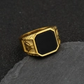 Macro view of gold Viking ring featuring a square black stone and Valknut engraving - US 7 / Gold Black Agate